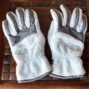 The North Face white and grey fleece gloves, size medium